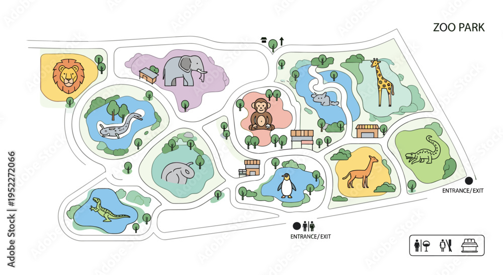 Random Zoo Map A colorful map of a zoo park with various animal enclosures and ...
