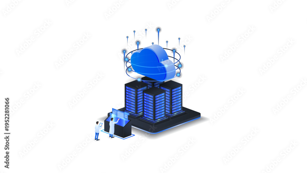 Cloud computing isometric vector illustration. Cloud data center with ...