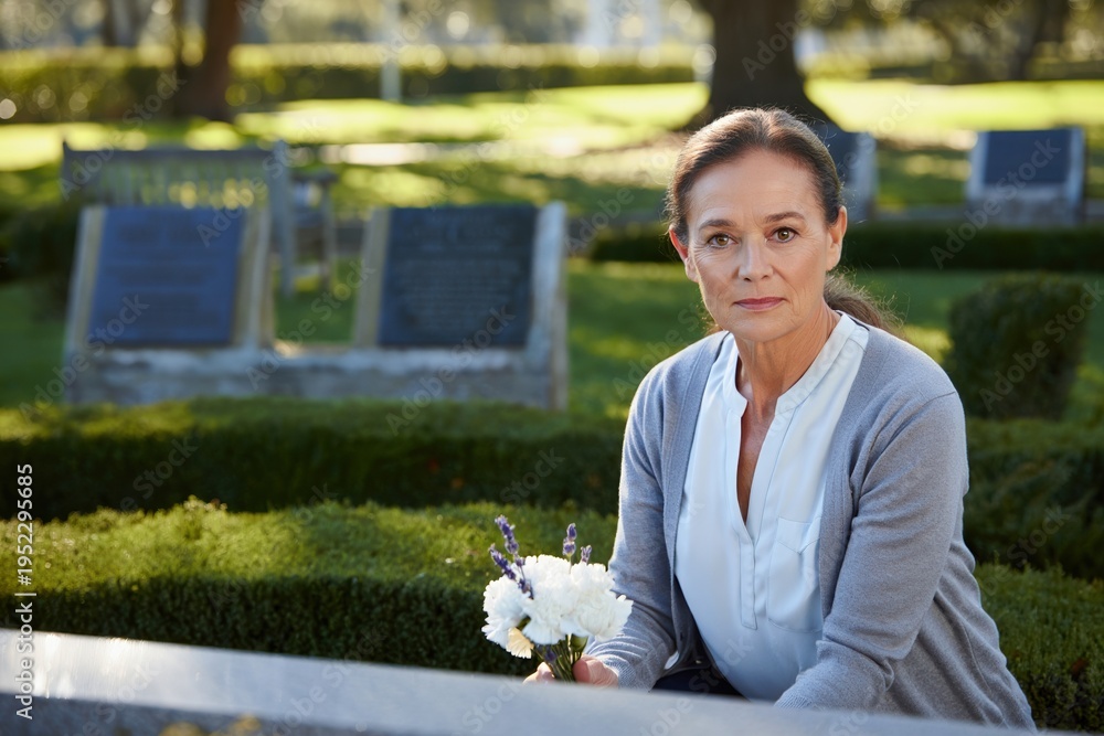 Woman mourner grieving family member holding flowers at cemetery grave ...
