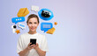 © ImageFlow - Young woman using smartphone with playful chat and robot icons in soft graphic style on light background, concept of messaging and assist tech