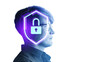 © ImageFlow - Side view of person with glowing digital padlock shield in neon style on light background, concept of cybersecurity, privacy and data protection