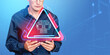 © ImageFlow - Man using tablet with glowing digital warning triangle in modern digital style on blue background, concept of cybersecurity threat awareness