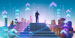 © ImageFlow - A person on steps facing a glowing city skyline with colorful upward arrows on a blue dusk background, concept of business progress and financial success