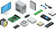 © Fayjun - Computer hardware components collection with monitor, system unit, motherboard, RAM, GPU and storage devices, modern PC parts set isolated vector illustration for technology and IT design