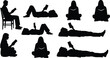 © Shoriful - Black silhouettes of people reading books in different poses lying down sitting and resting on chair isolated on white background,