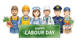 © julijadmi - Illustration of diverse workers celebrating Labour Day with professions including farmer, nurse, doctor, police officer, and construction worker