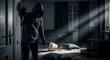 © Thai - Dangerous masked criminal intruder wearing a dark hooded sweatshirt sneaking into a residential living room at night to commit a robbery and theft during a home invasion security breach.