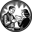 © MdOmarFaruk - Black and white vintage vector illustration of man and woman exchanging envelope
