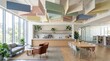 © horizon - Cafe-style open break area in a modern office with sound-absorbing hanging acoustic panels in pastel colors and an elegant coffee bar set.