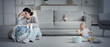 © Pixel-Shot - Young mother suffering from postnatal depression with dirty laundry and her baby at home