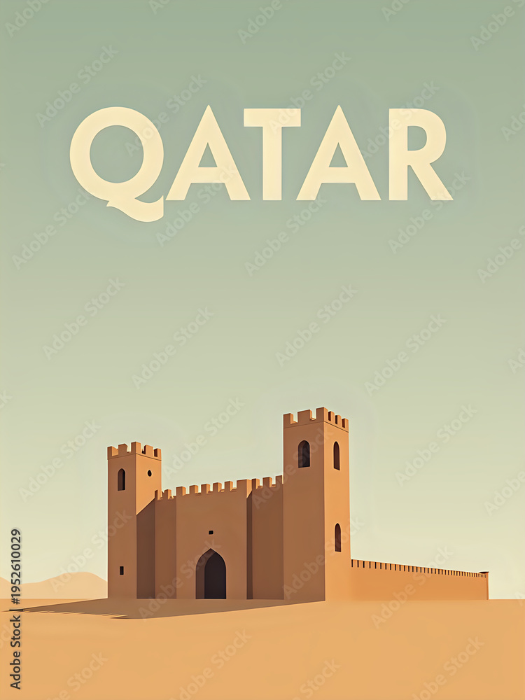 A large castle stands in the desert landscape of Qatar. The structure features two tall towers and an entrance. The sky is clear, suggesting daytime. The sand is visible around the castle.