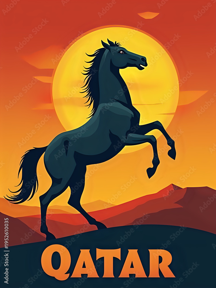 A black horse stands on its hind legs near mountains in Qatar. The sun hangs low in the sky, creating an orange and red backdrop. The scene shows the natural beauty and culture of the region.