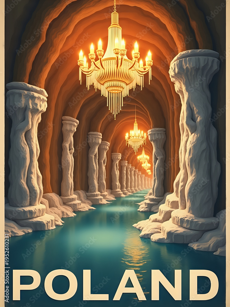Chandeliers hang from rock formations in a dark space. A calm water surface reflects the light. The setting is an underground location in Poland filled with stone pillars.
