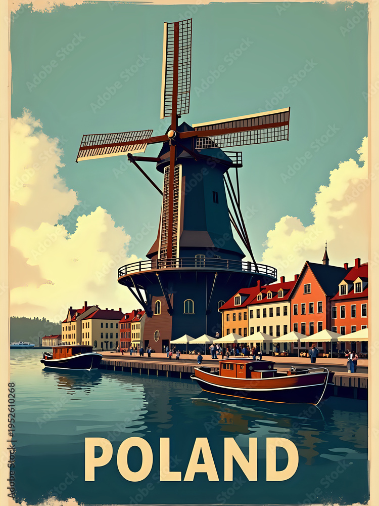 A windmill stands beside water in a Polish town. Small boats float on the water. Nearby, colorful buildings line the shore. People sit at outdoor tables. The scene is bright and inviting.