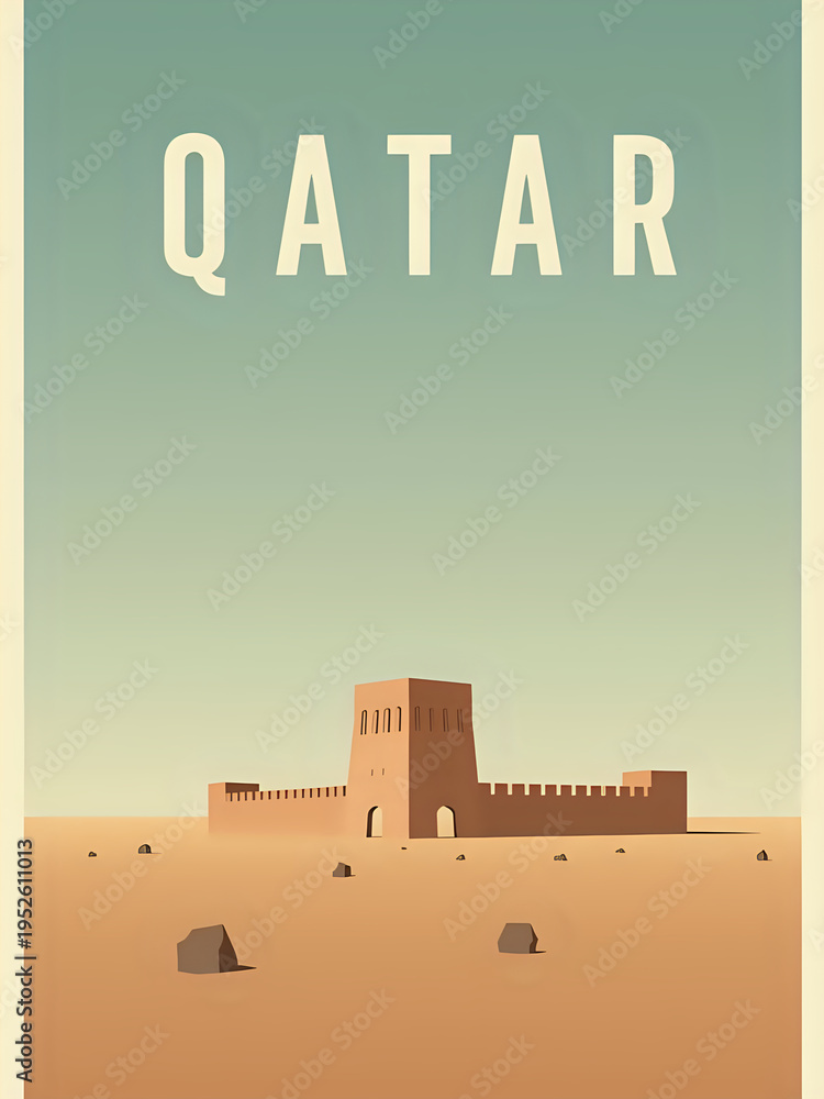 A desert scene in Qatar shows a historic building surrounded by rocks. The sky has warm colors, and it is a quiet evening. Visitors can enjoy the simple beauty of the landscape.