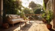 © Oleksandr - Warm evening on a wooden deck with comfortable furniture and garden view