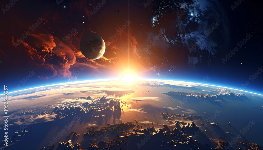 Sunrise over Earth horizon space planet atmosphere clouds dramatic ...