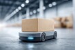 © whitestorm - An automated guided vehicle delivering a cardboard box in a warehouse, featuring modern technology and efficient logistics solutions for smart factory operations.