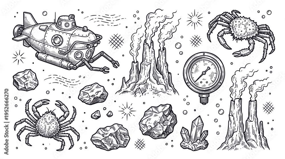 Vetor do Stock Hand-Drawn Deep Sea Exploration Vector Illustration Set ...