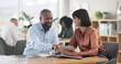 © peopleimages.com - Business, people and banker with client on tablet at office for financial support and loan advice. Employee, customer and smile on internet for mortgage options with investment, help or consultation