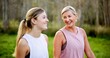© peopleimages.com - Mother, daughter or talking in forest with hiking for fitness adventure, sightseeing or explore nature. Laughing, mature woman or girl in woods with walking, holiday travel or bonding on outdoor path