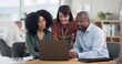 © peopleimages.com - Business, people and happy on laptop at office with notification for investments policy as financial analyst. Employees, coworking and smile on internet or website for stock market or share value