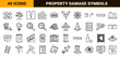 © PixeloAI - Urban Decay and Property Damage Monoline Outline Symbols for Insurance Claims and Construction, Featuring Broken Structures and Vandalism Elements.