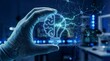 © guobao - Hand holding holographic brain lightbulb with glowing neural network connections for medical science.