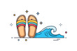 © Svitlana - Beach trip companionship concept shown as two pairs of sandals placed next to a simple wave icon, symbolizing relaxation and shared leisure. The clean icon