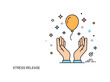 © Viacheslav - Stress release open hands letting a tied balloon float upward symbolizing freedom from pressure. The balanced badge composition communicates lightness,