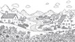 © Bilal - Black and white village landscape coloring page