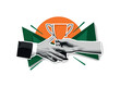 © Настя Шевчук - Black and white close-up of two hands exchanging a trophy, bright orange semicircle centered between them, dark green angular fragments and thin linear beams