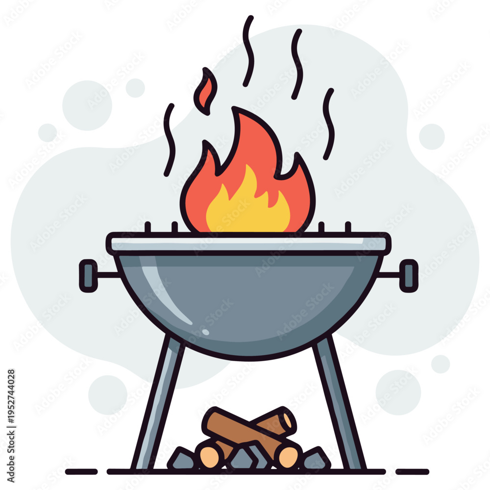 Barbecue grill with flames burning over wood in outdoor setting. non ...