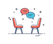 © Coosh448 - Crisis conversation moment two chairs facing each other with subtle speech bubble and calm line accents, conveying safe space and open dialogue. Minimalist