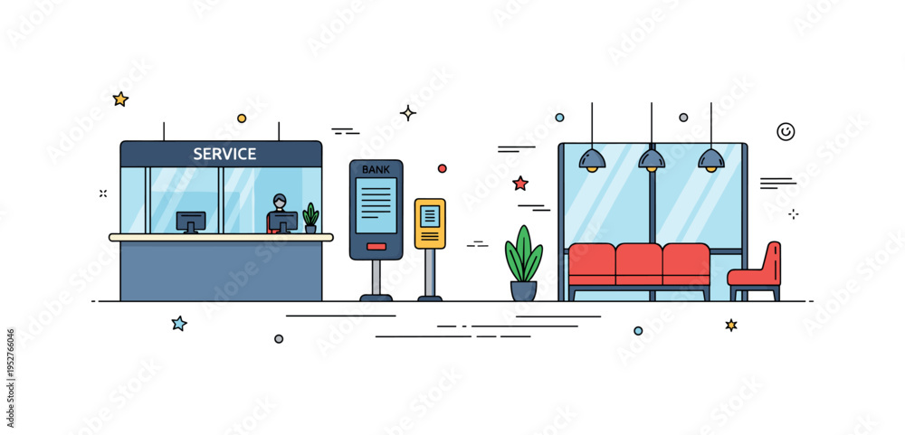 Bank branch interior modern lobby with service counter, digital queue ...