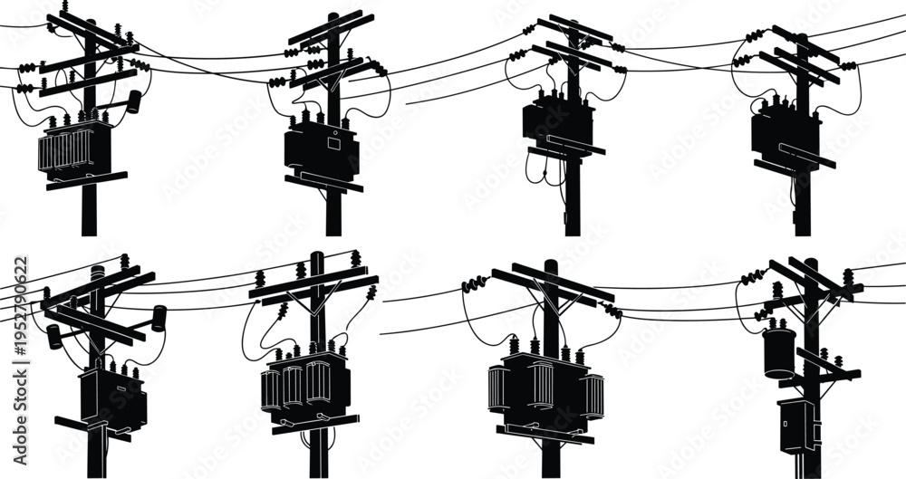 Vector silhouette set of electric power poles with transformers and ...