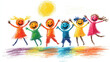 © Ps_Studio21 - Colorful crayon drawing happy children celebrating under bright sun joyful energy playful friendship