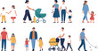 © Mdmokbul - Happy walking family collection with mother, father, and children spending time together outdoors, cheerful people bundle vector illustration clipart