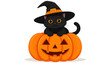 © MDSUJON - A cute black kitten wearing a magical witch hat sitting inside a carved orange jack-o'-lantern Vector