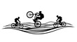 © Mamun - Three silhouetted mountain bikers riding over abstract stylized wavy terrain lines in a group