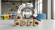© Rehayet Hossen S. - Agile Project Management Concept. Circle of Wooden Blocks with Team, Clock, Milestone and Communication Icons. Magnifying Glass with Glowing AGILE Text and Circular Loop Arrows in Co working Space