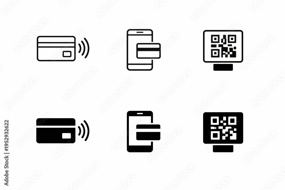 Contactless payment icons: credit card, mobile transaction, qr code ...