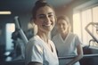© Fotograf - A woman with a smile on her face standing in a gym. Ideal for fitness and wellness-related content