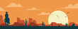 © Zafaaa - Wild west vector illustration of cowboy on horseback in a desert landscape with mesas and cacti at sunset