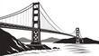 © LAXMI - Iconic golden gate bridge with hills and water in a stylized black and white illustration