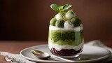 A layered matcha dessert in a glass cup on a white plate with a spoon