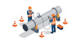 © Welas - Isometric illustration of engineers performing pipeline inspection and maintenance.