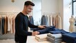 © Viktor - Man smiles while folding clothes in a store. He arranges neat stacks of sweaters and fabric on a table. Racks of apparel hang behind him in a boutique.
