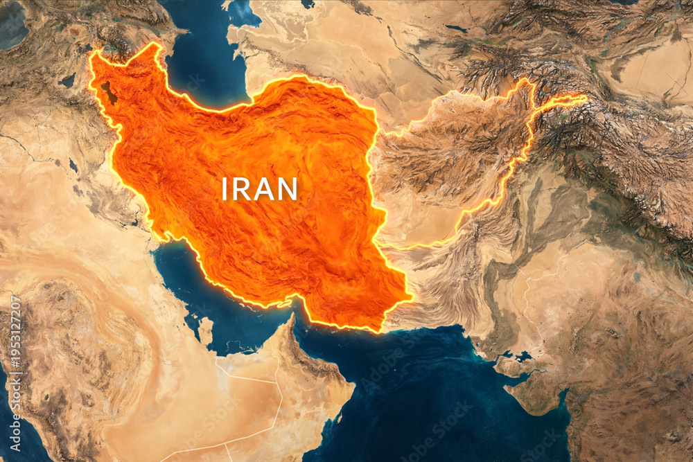 A satellite view showing the borders of Iran on a world map, highlighting the region in the Middle East.
