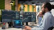© DC Studio - Portfolio manager in office using AI software on laptop to evaluate capital allocation based on economic graphs. Day trader using deep learning on notebook to do research driving growth